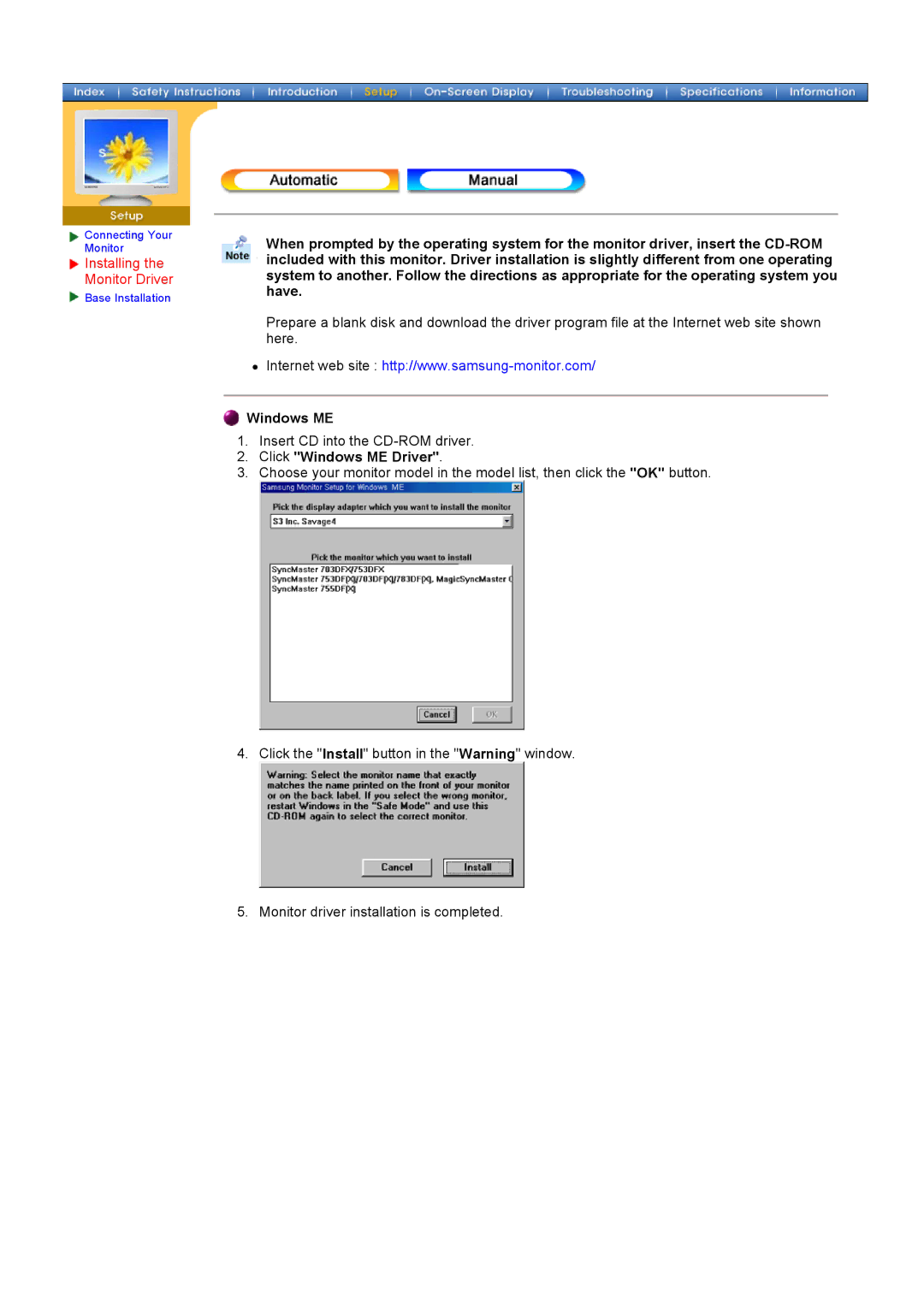 Samsung 700DF manual Installing the Monitor Driver, Click Windows ME Driver 