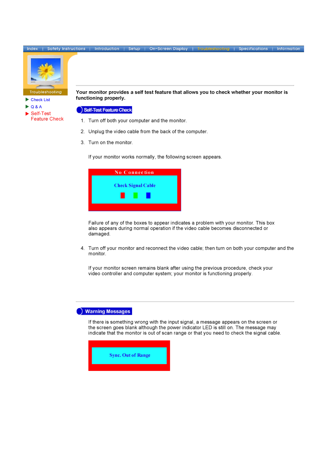 Samsung 700DF manual Self-Test Feature Check 