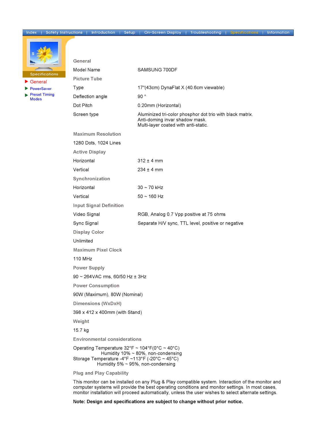 Samsung 700DF manual General, Picture Tube 