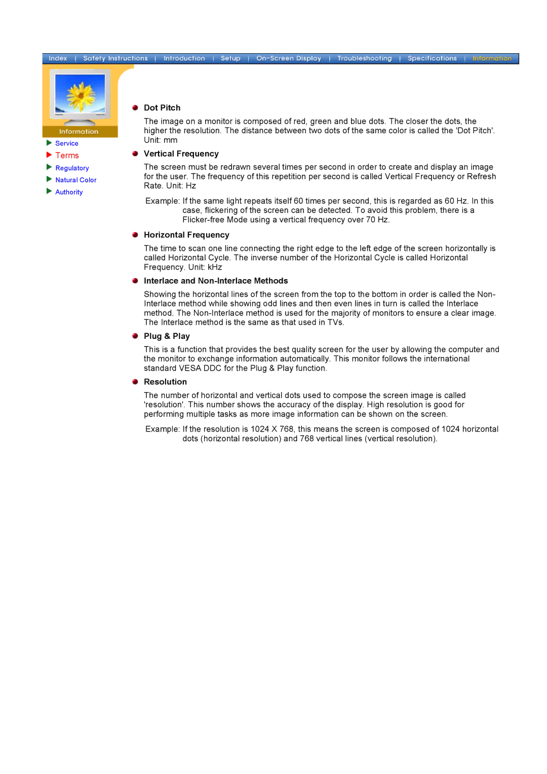 Samsung 700DF manual Dot Pitch, Terms, Interlace and Non-Interlace Methods, Plug & Play, Resolution 