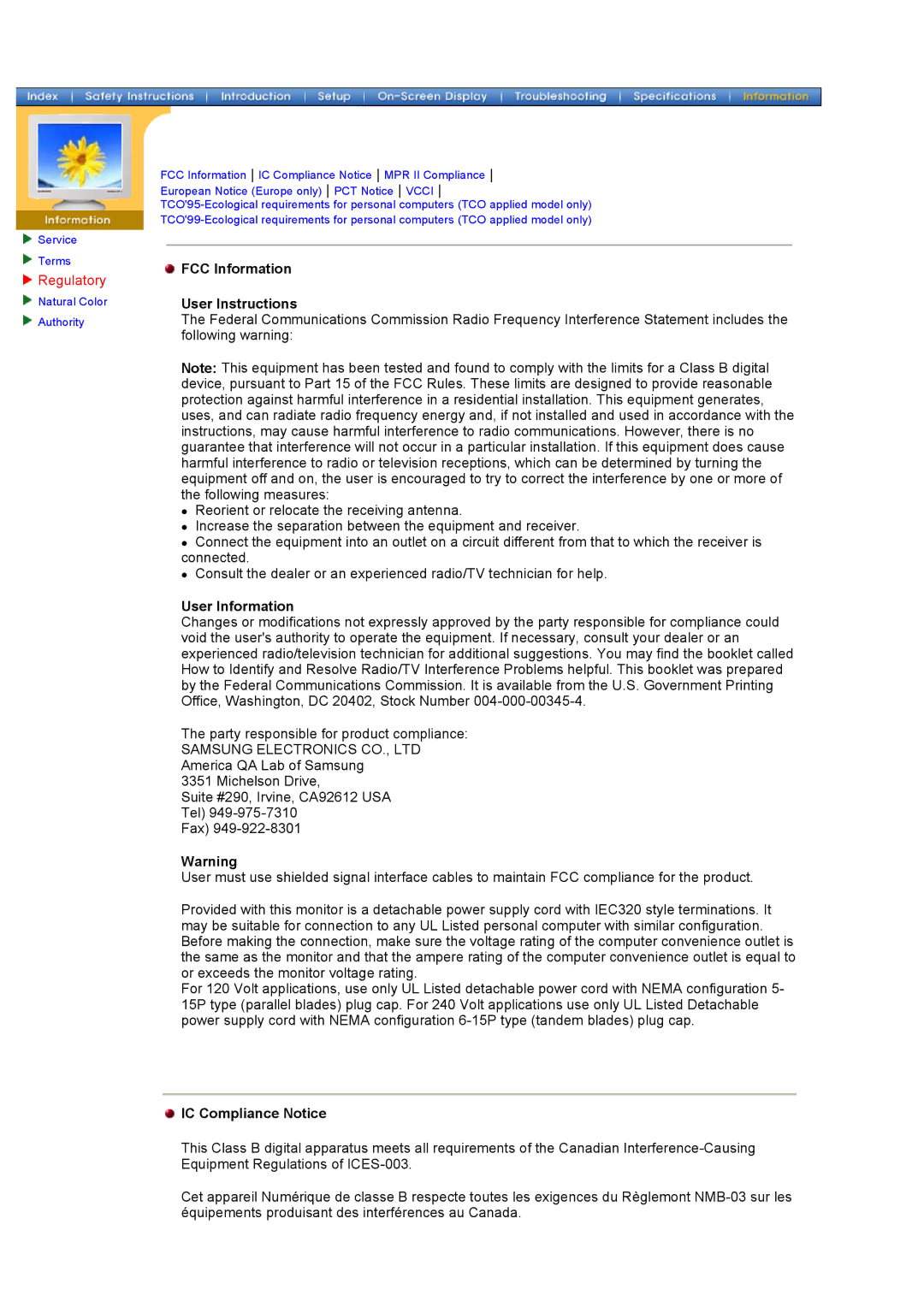 Samsung 700DF manual Regulatory, FCC Information User Instructions, User Information, IC Compliance Notice 