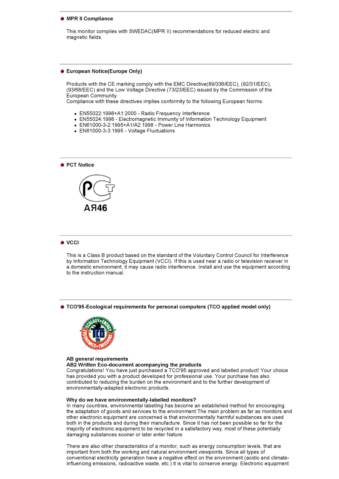 Samsung 700DF MPR II Compliance, European NoticeEurope Only, PCT Notice, Why do we have environmentally-labelled monitors? 