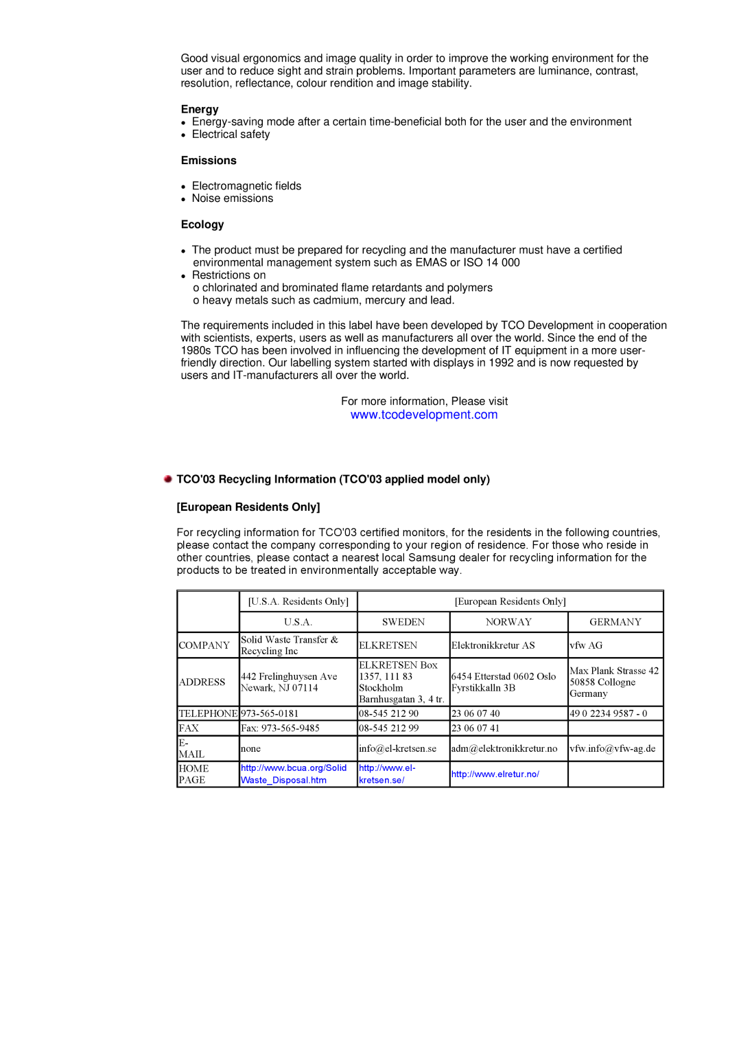 Samsung 700DF manual Energy, Emissions, Ecology 