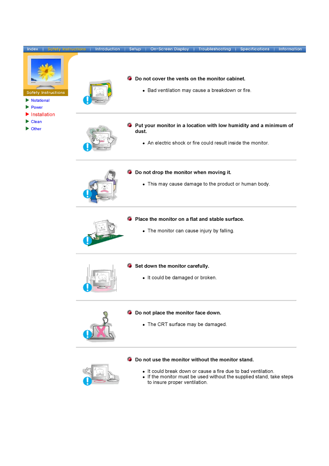 Samsung 700DF manual Do not cover the vents on the monitor cabinet, Do not drop the monitor when moving it 