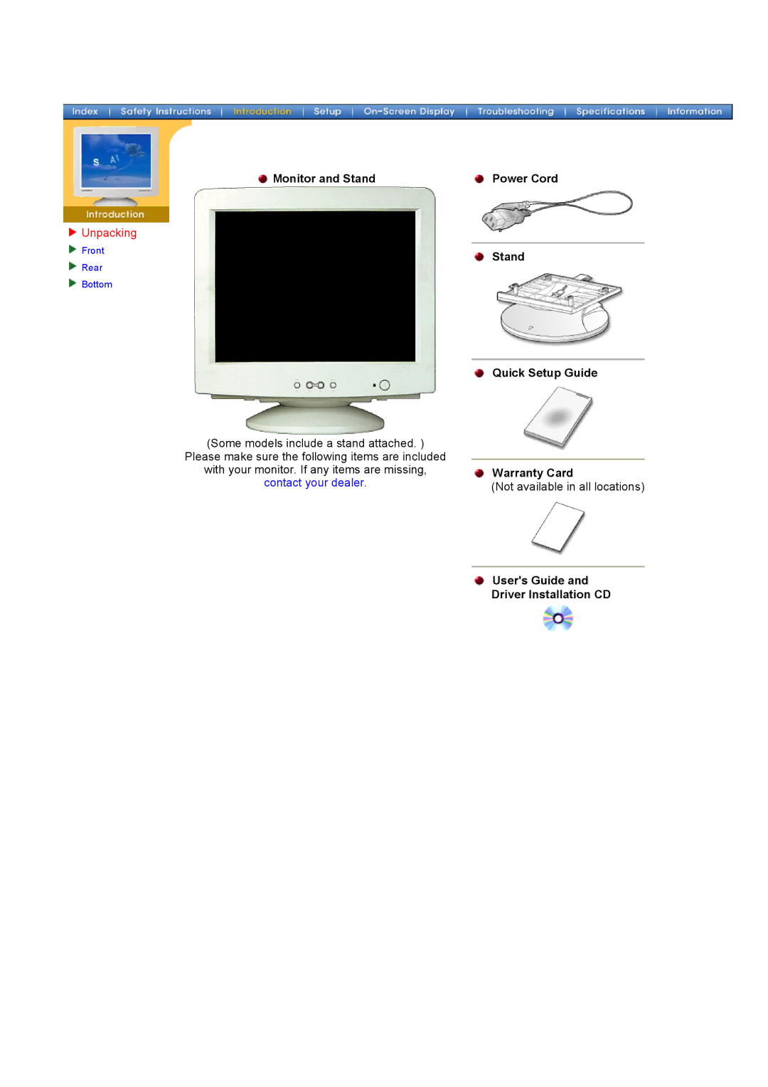 Samsung 700DF Unpacking, Monitor and Stand Power Cord Quick Setup Guide, Warranty Card, Users Guide Driver Installation CD 