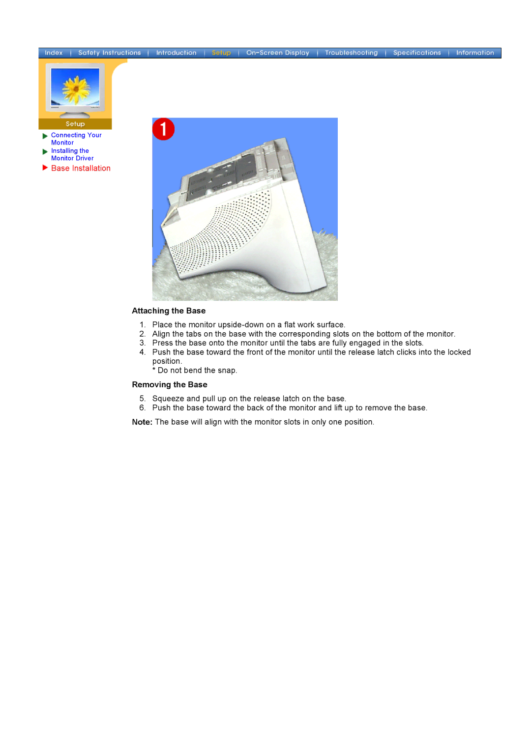 Samsung 700DF/900DF manual Attaching the Base, Removing the Base 