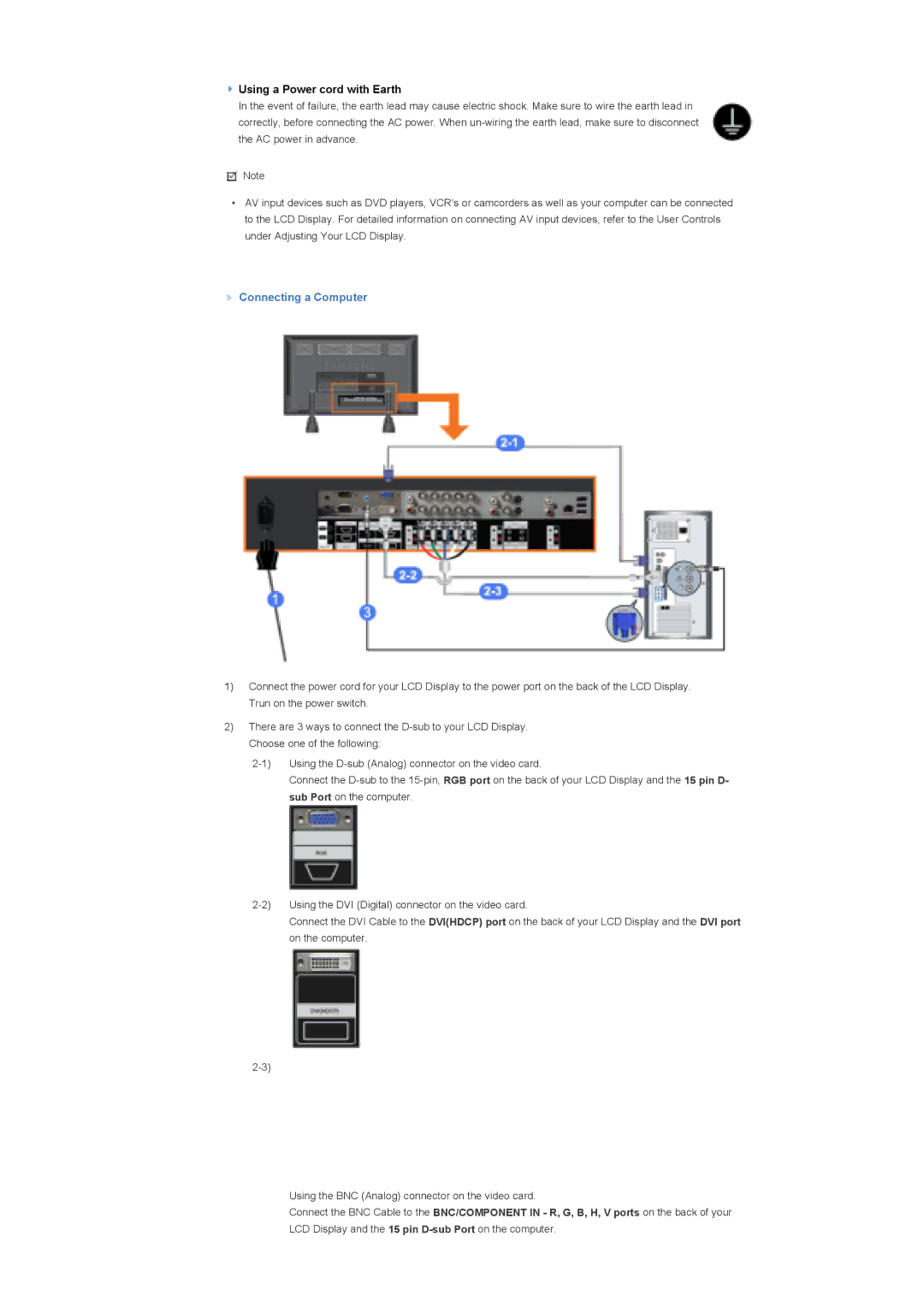 Samsung 700DXn quick start Using a Power cord with Earth, Connecting a Computer 