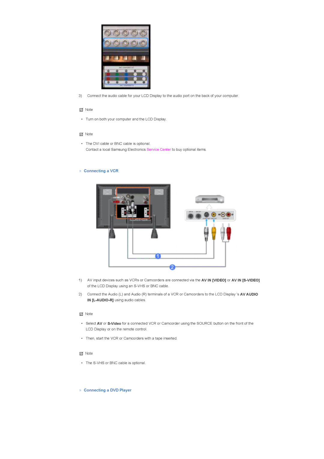 Samsung 700DXn quick start Connecting a VCR, Connecting a DVD Player 