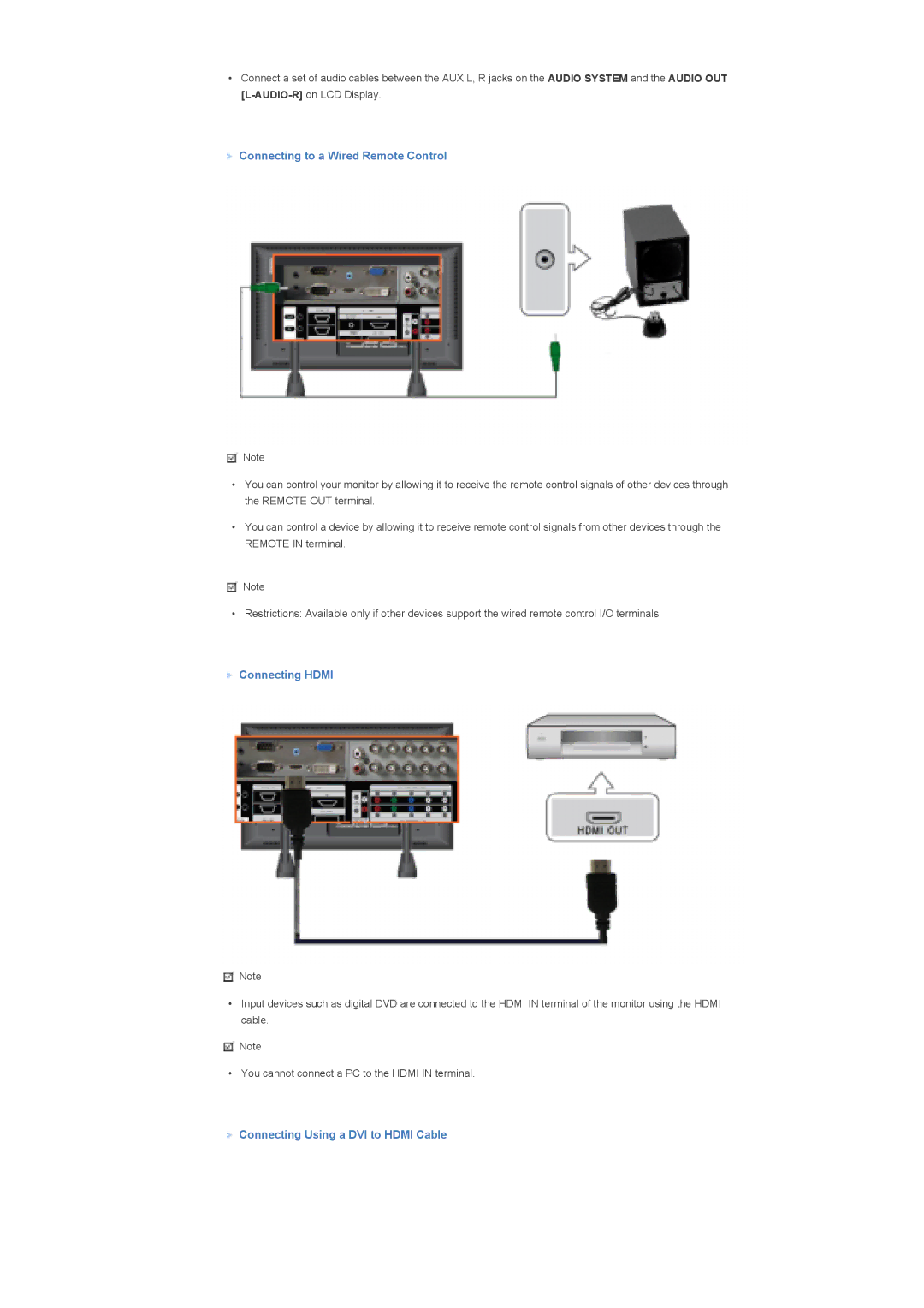 Samsung 700DXn quick start Connecting to a Wired Remote Control, Connecting Hdmi, Connecting Using a DVI to Hdmi Cable 