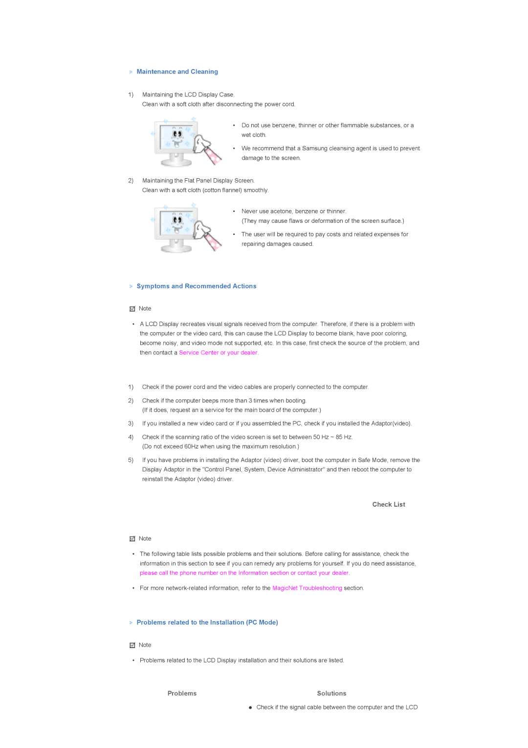 Samsung 700DXn quick start Maintenance and Cleaning, Symptoms and Recommended Actions, Check List, Problems 