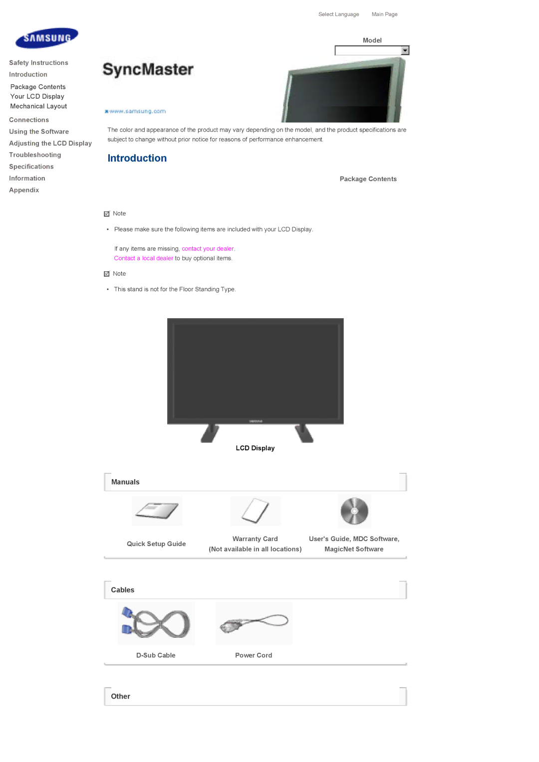 Samsung 700DXn quick start Safety Instructions Introduction, Model, Package Contents, Quick Setup Guide, Sub Cable 