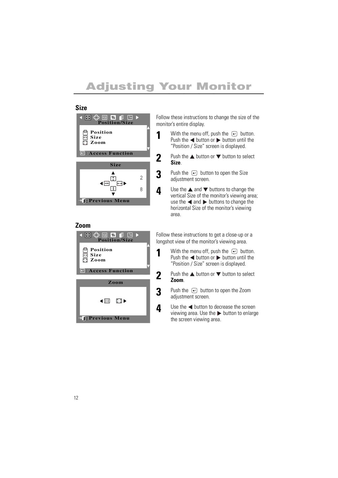 Samsung 700IFT, 900IFT manual Size, Zoom 