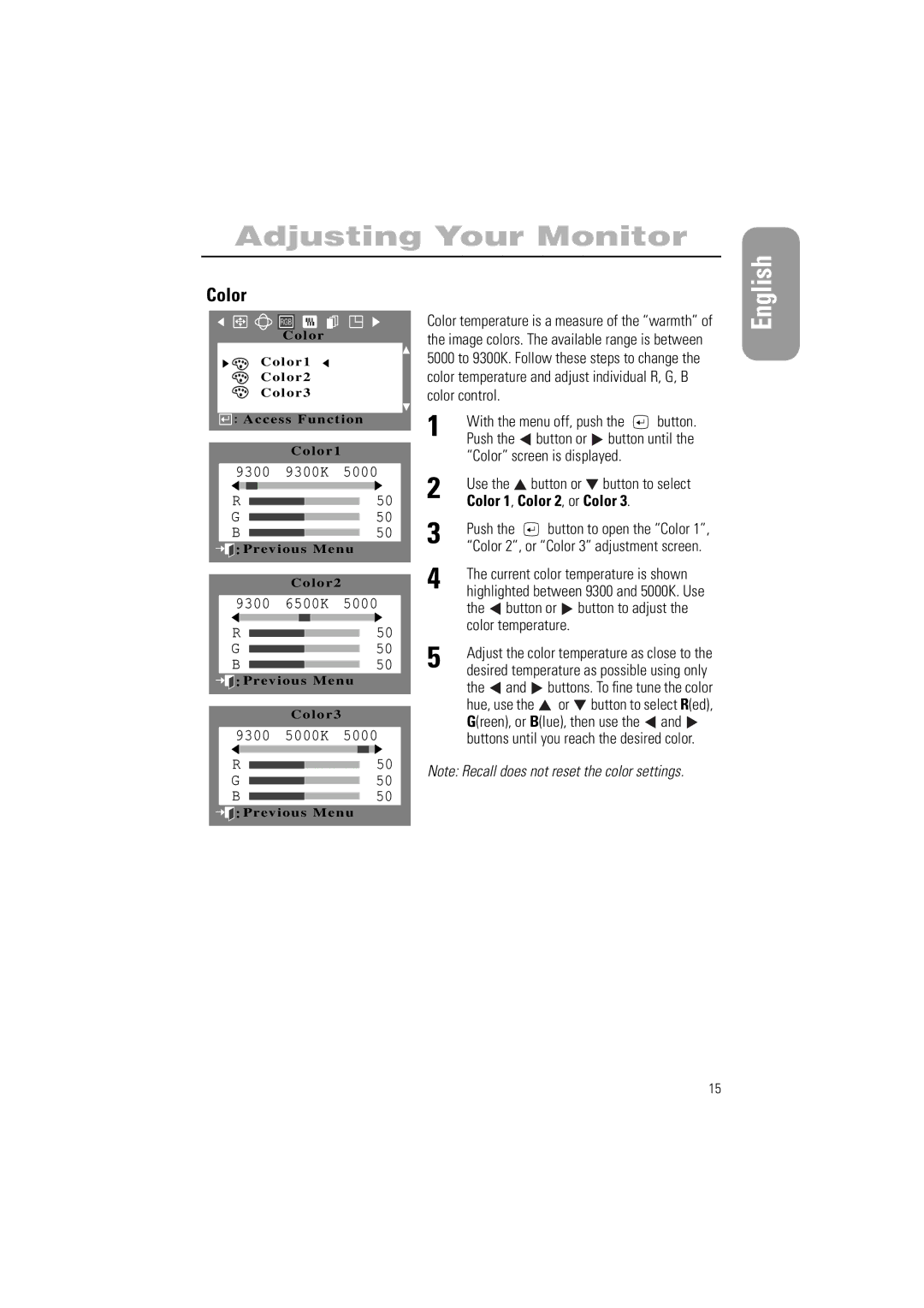 Samsung 700IFT, 900IFT manual Color screen is displayed Use Button or, Button to adjust, Color temperature, Hue, use 