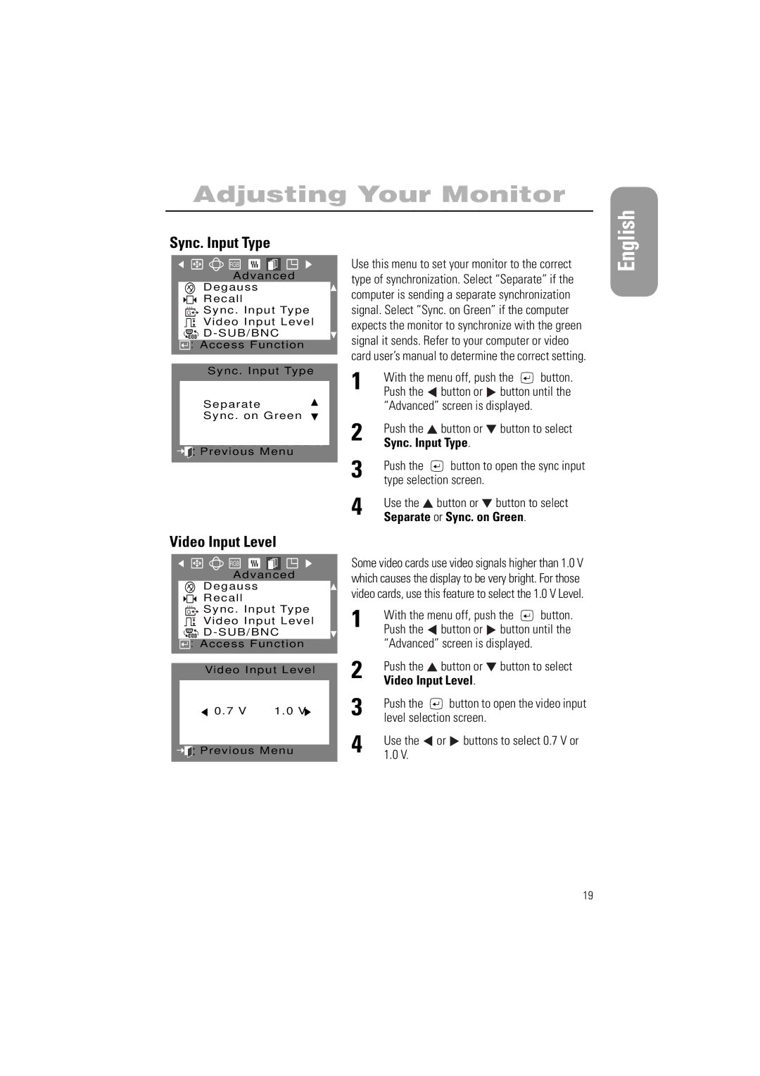 Samsung 700IFT, 900IFT manual Sync. Input Type, Video Input Level, Use Button or Button to select 