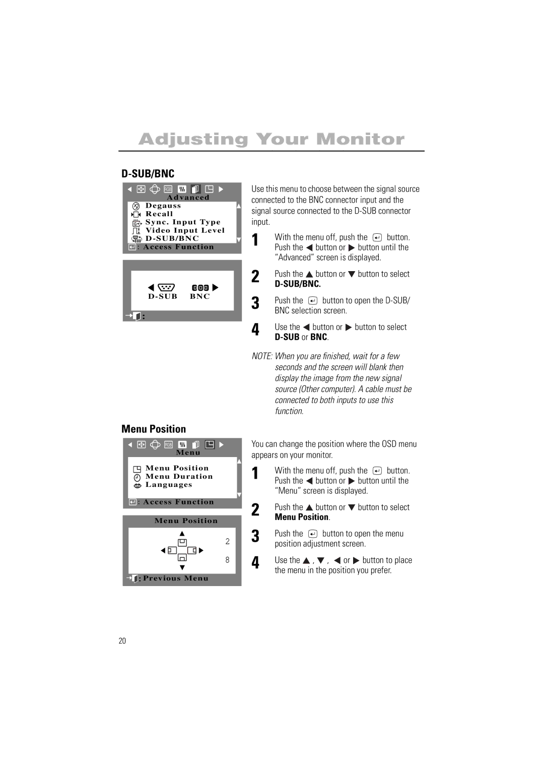 Samsung 700IFT, 900IFT manual Menu Position, SUB or BNC, Menu screen is displayed, Position adjustment screen Use 