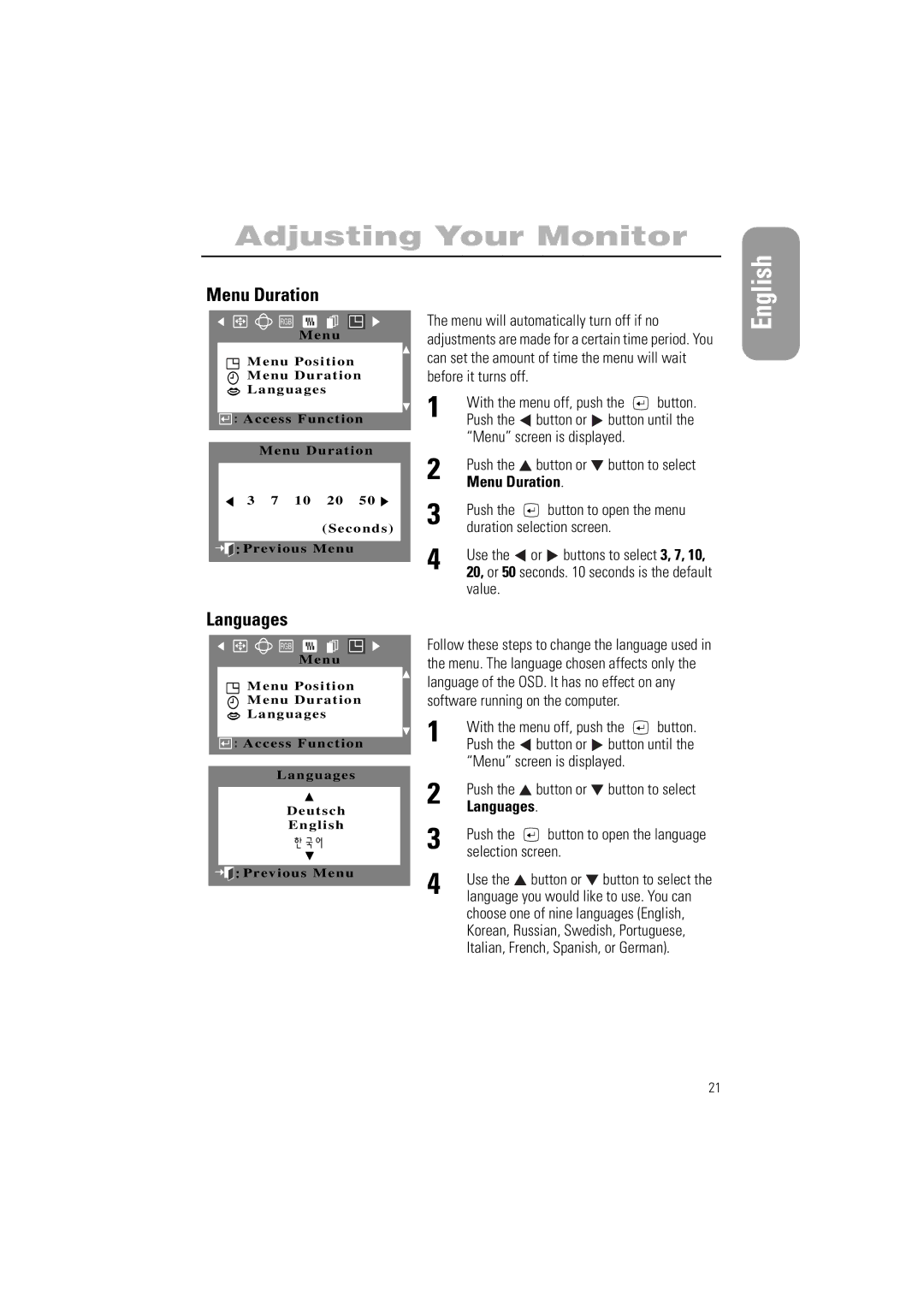 Samsung 700IFT, 900IFT manual Menu Duration, Languages 