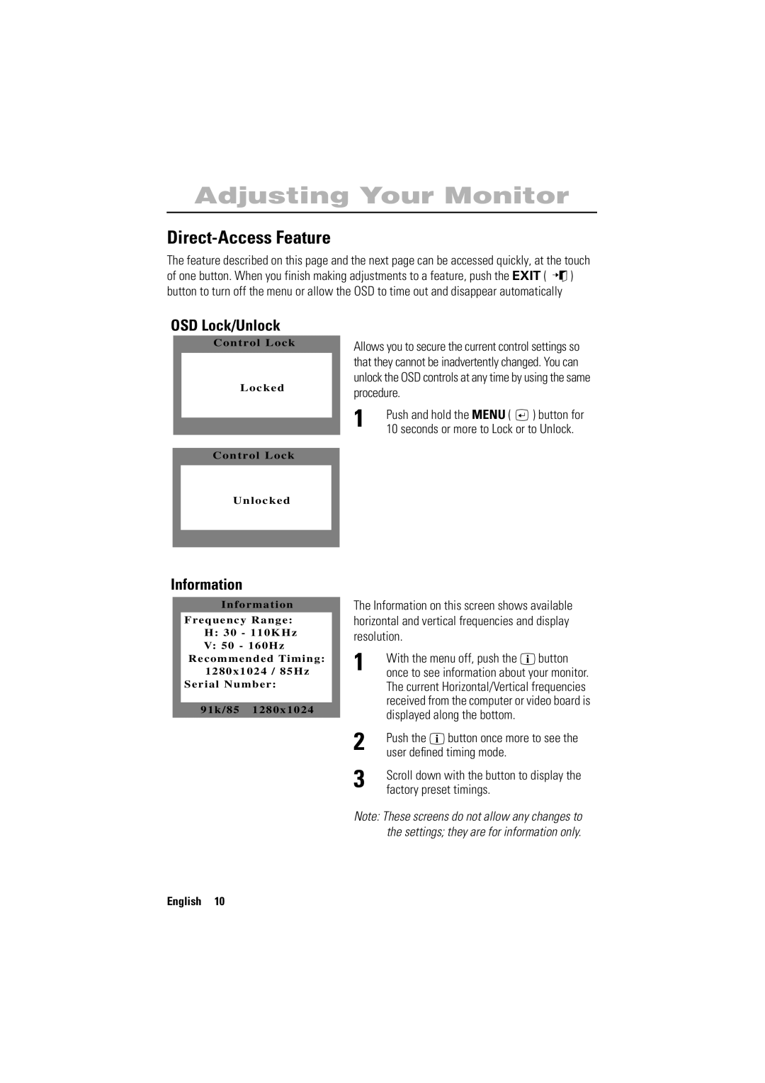 Samsung 700NF manual Direct-Access Feature, OSD Lock/Unlock, Information 