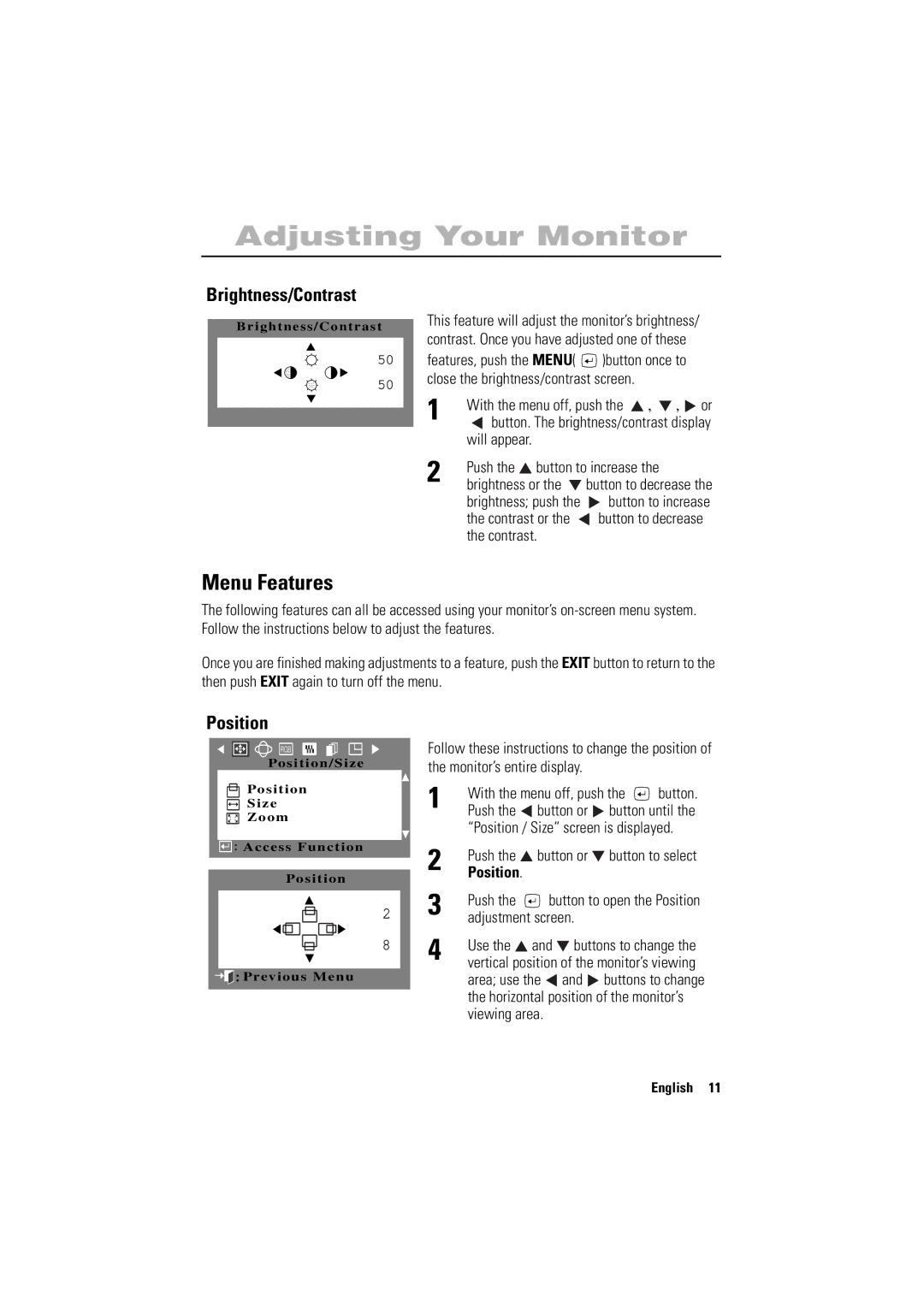 Samsung 700NF manual Menu Features, Brightness/Contrast, Position 