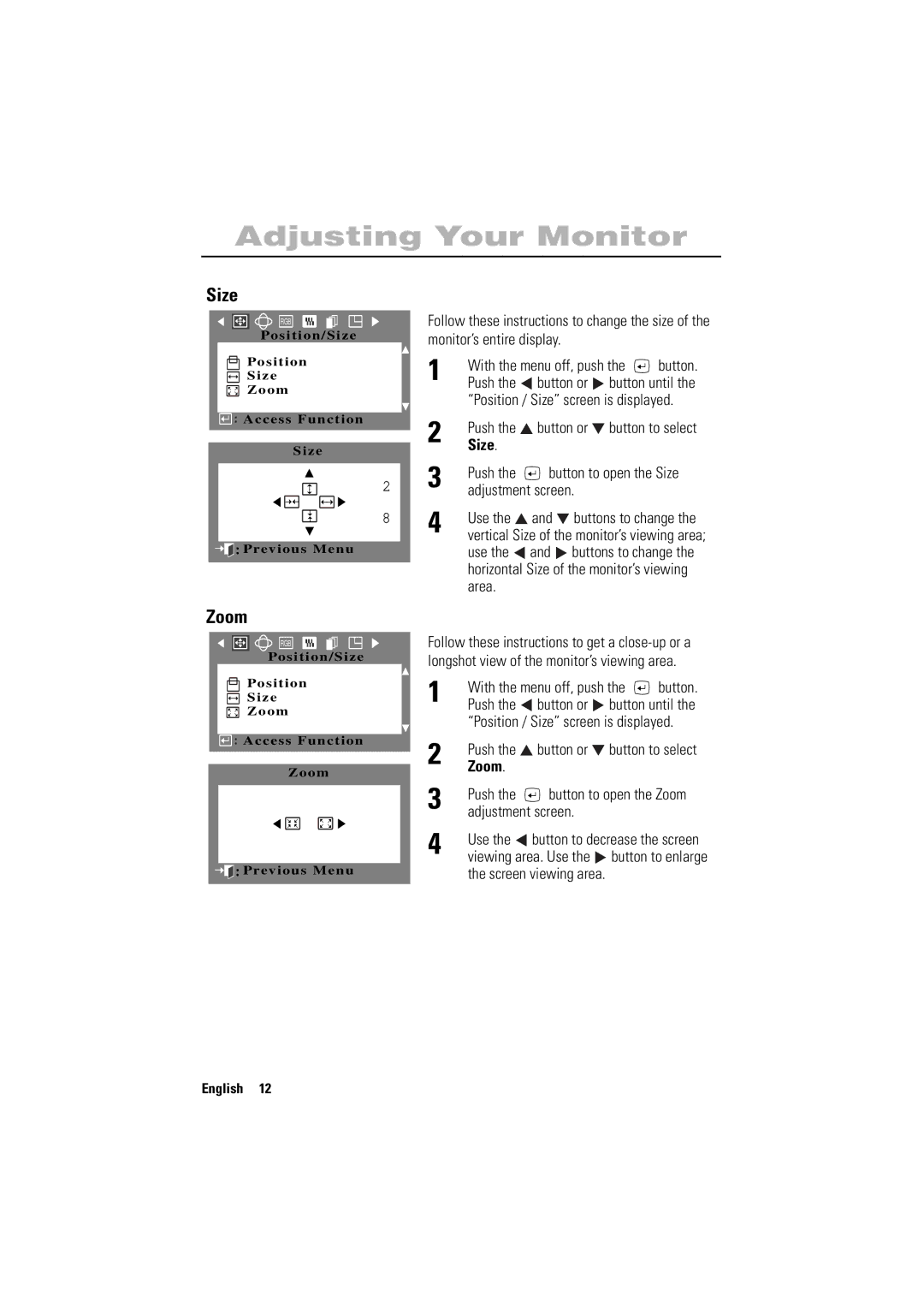 Samsung 700NF manual Size, Zoom 