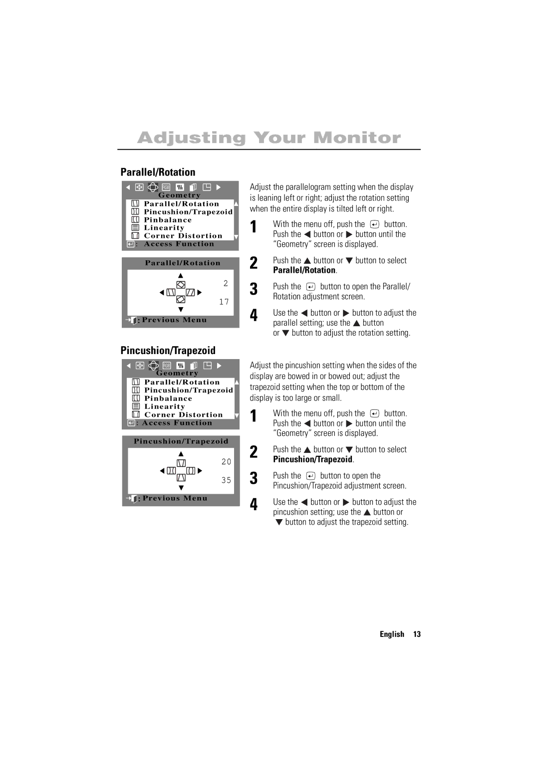 Samsung 700NF manual Parallel/Rotation, Pincushion/Trapezoid 