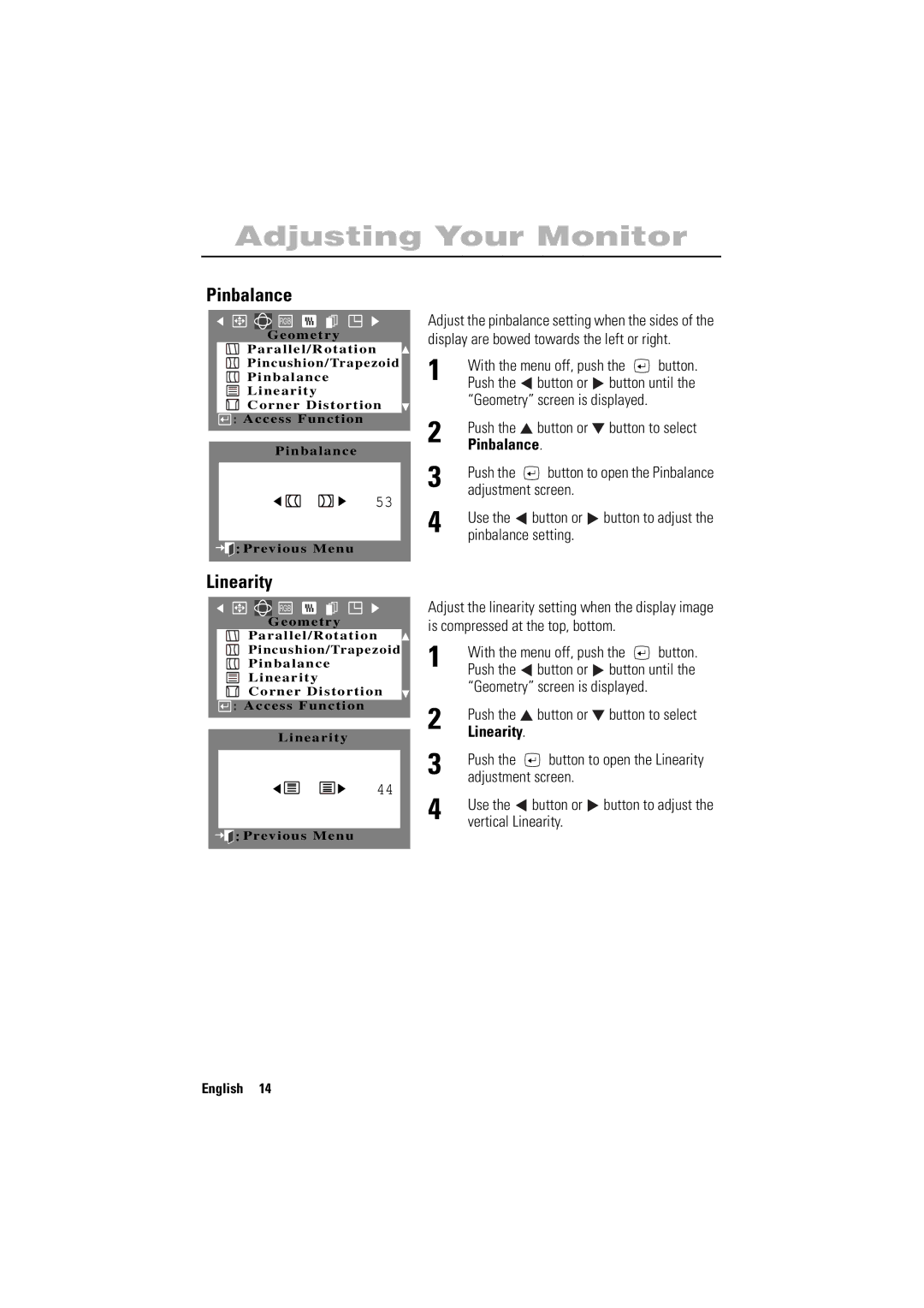 Samsung 700NF manual Pinbalance, Linearity 