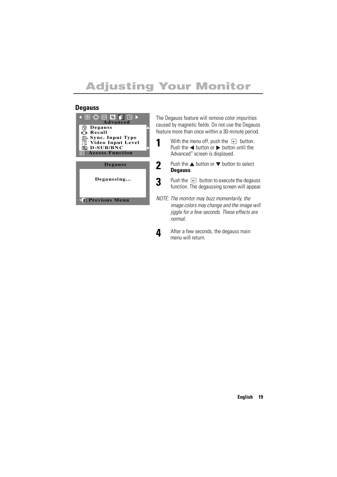 Samsung 700NF manual Degauss, Menu will return 