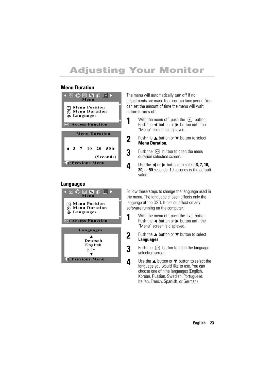 Samsung 700NF manual Menu Duration, Languages 