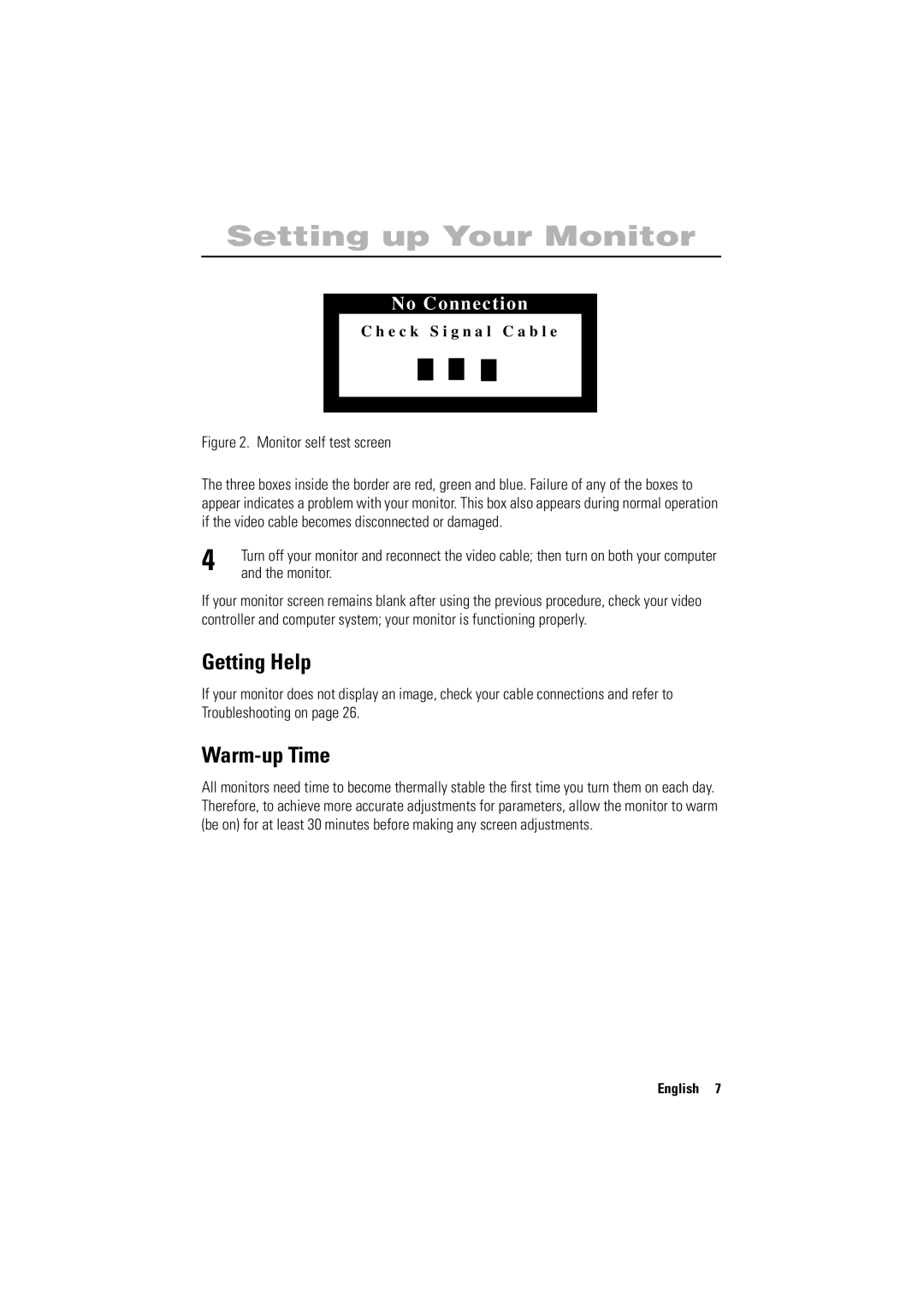 Samsung 700NF manual Getting Help, Warm-up Time, Monitor 