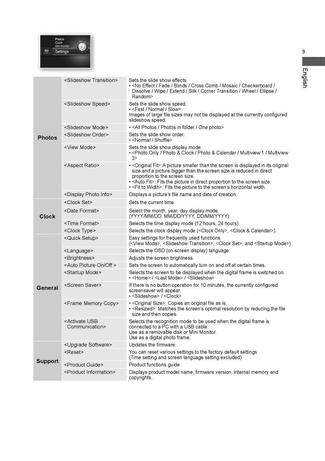 Samsung 700T user manual Photos, Clock, General 