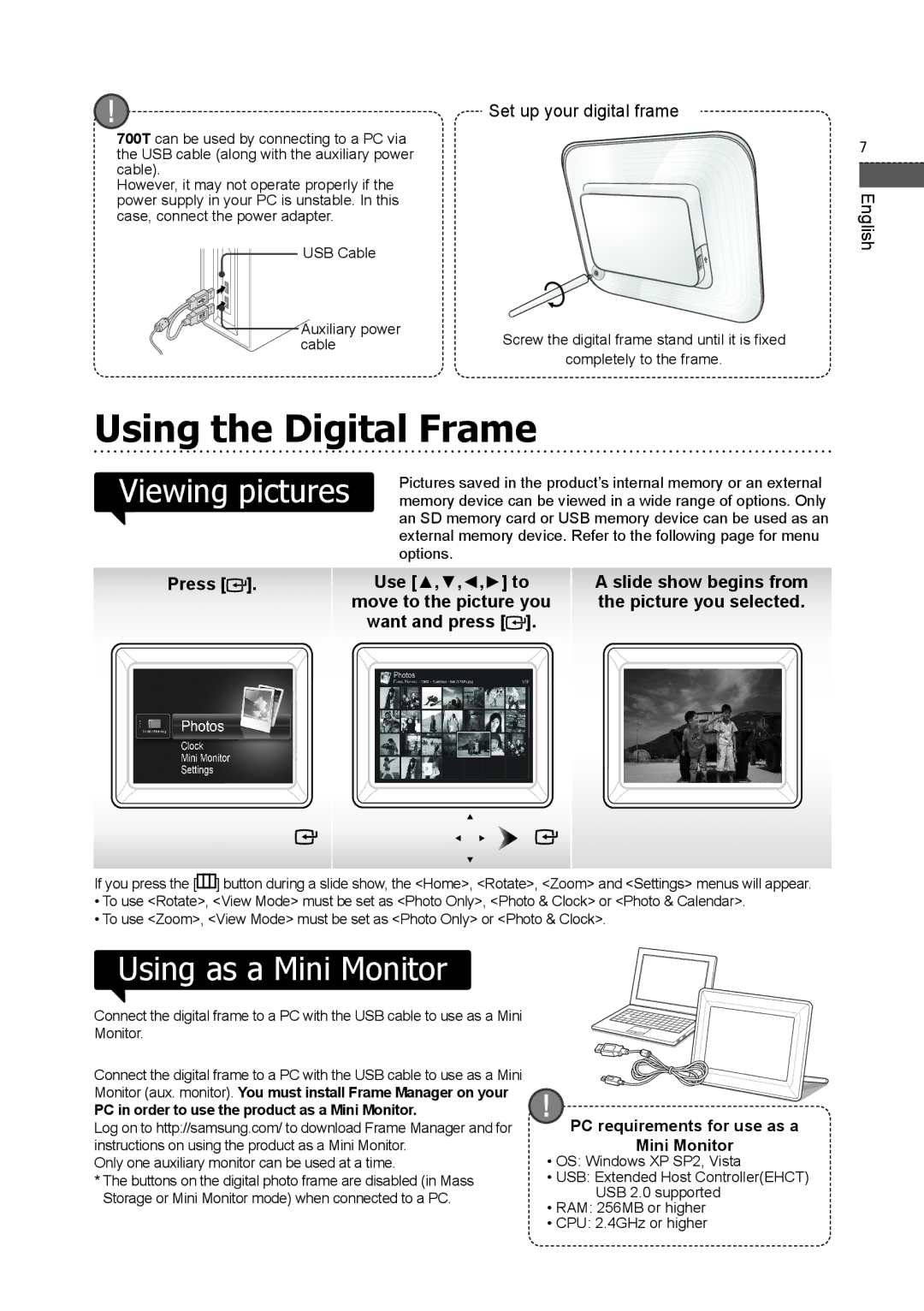 Samsung 700T user manual Using the Digital Frame, Viewing pictures, Using as a Mini Monitor 