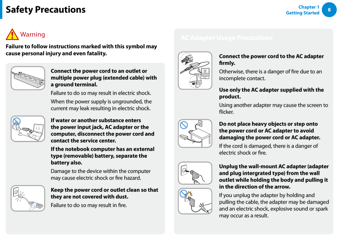 Samsung 700Z5C manual AC Adapter Usage Precautions, Connect the power cord to the AC adapter irmly 