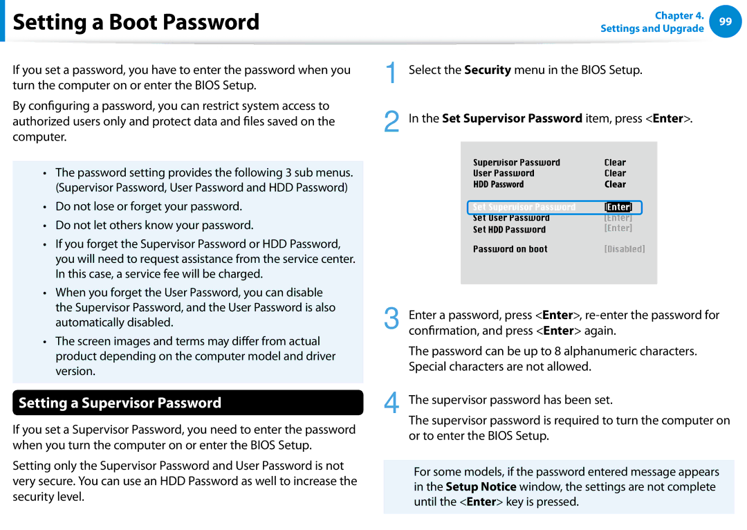 Samsung 700Z5C manual Setting a Boot Password, Setting a Supervisor Password, Select the Security menu in the Bios Setup 