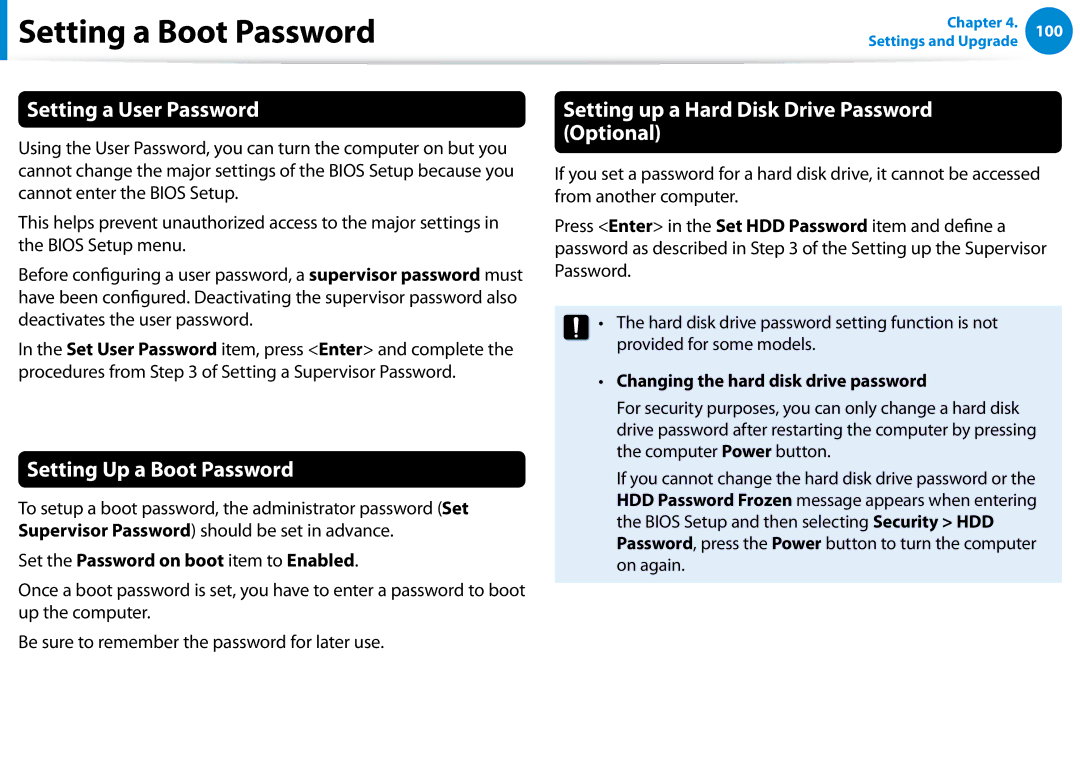 Samsung 700Z5C manual Setting a User Password, Setting Up a Boot Password, Setting up a Hard Disk Drive Password Optional 