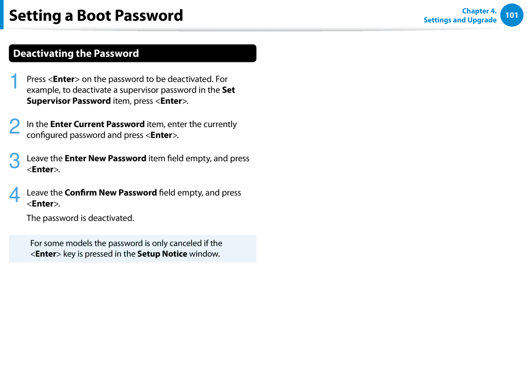 Samsung 700Z5C manual Deactivating the Password, Supervisor Password item, press Enter 