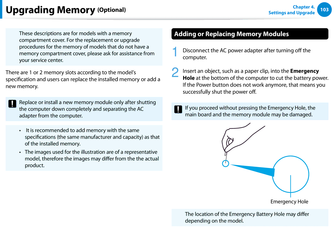 Samsung 700Z5C manual Upgrading Memory Optional, Adding or Replacing Memory Modules 