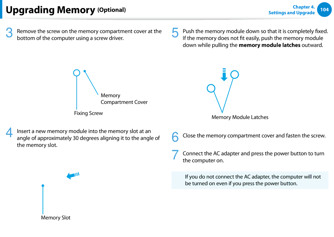 Samsung 700Z5C manual If the memory does not it easily, push the memory module, Memory Slot 