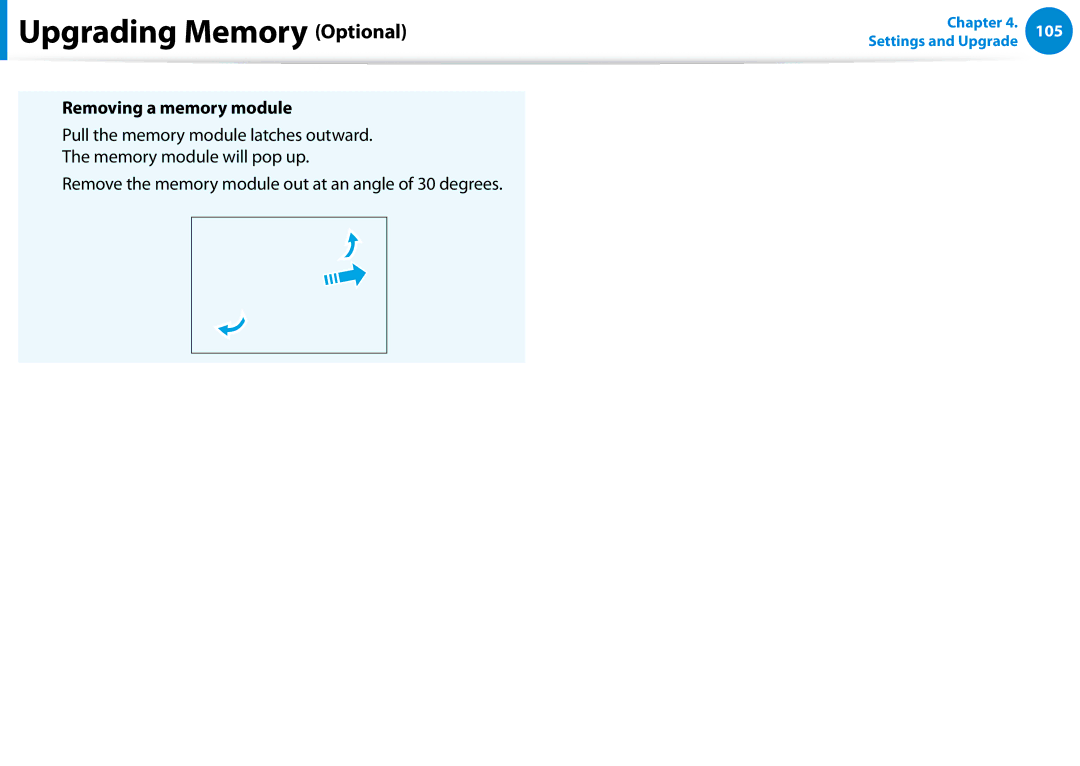 Samsung 700Z5C manual Removing a memory module, Remove the memory module out at an angle of 30 degrees 