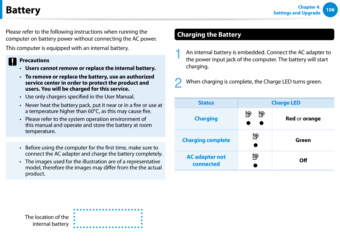 Samsung 700Z5C manual Charging the Battery, Status Charge LED Charging, Red or orange, Charging complete Green 