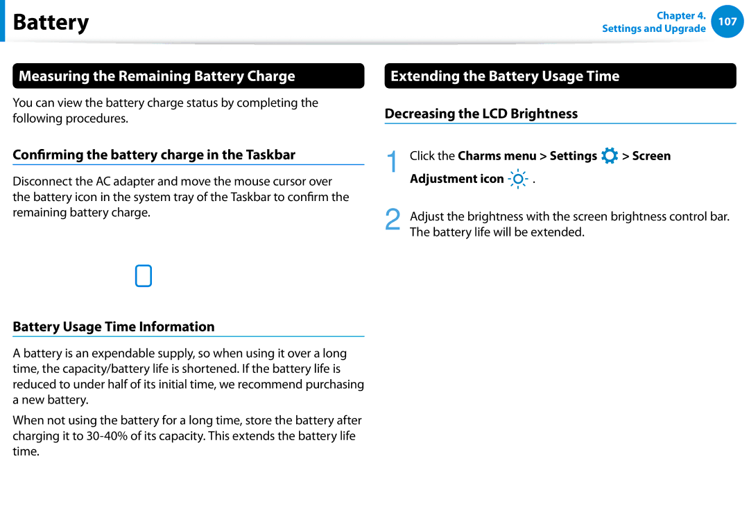 Samsung 700Z5C Measuring the Remaining Battery Charge, Extending the Battery Usage Time, Battery Usage Time Information 