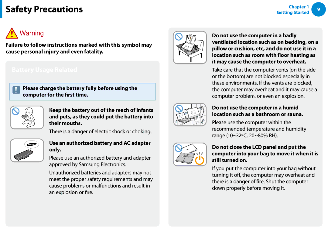 Samsung 700Z5C manual Battery Usage Related, There is a danger of electric shock or choking 