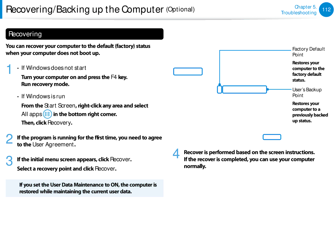 Samsung 700Z5C Recovering, If Windows does not start, If Windows is run, If the initial menu screen appears, click Recover 