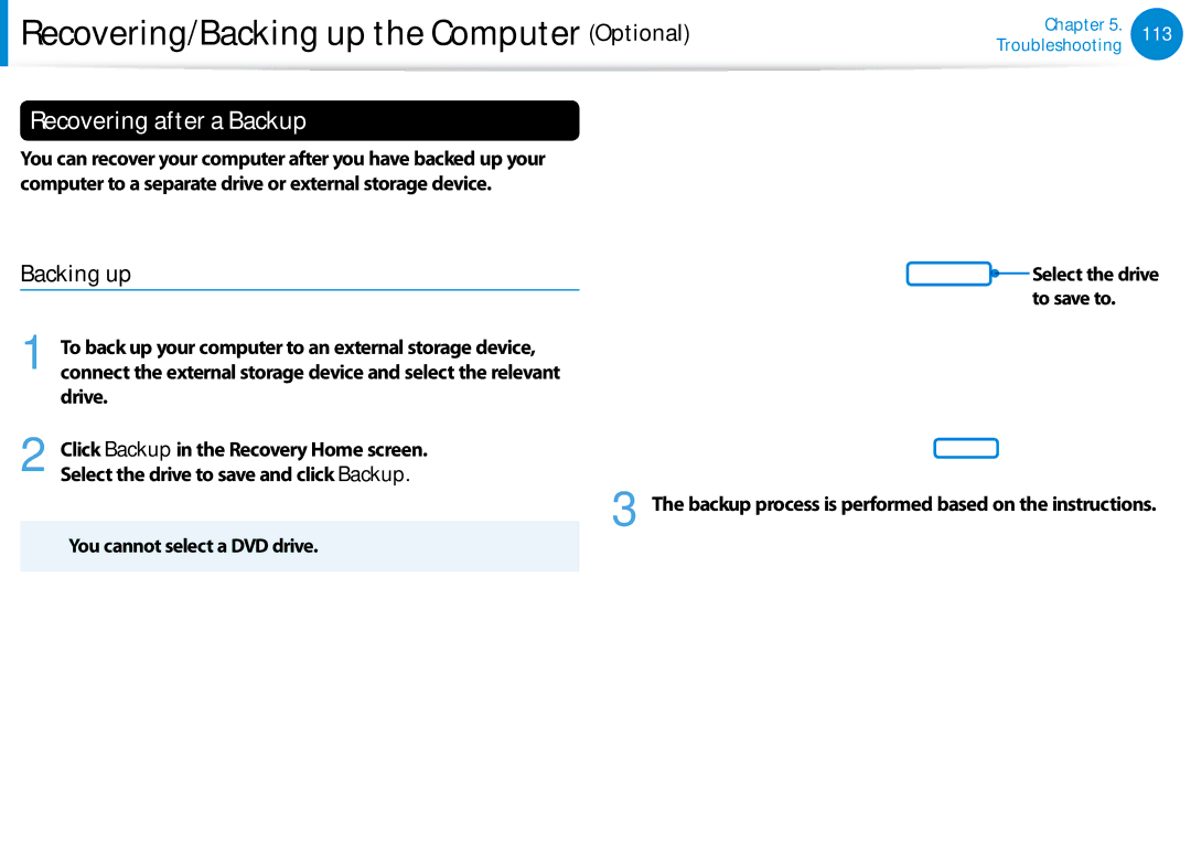 Samsung 700Z5C Recovering after a Backup, Backing up, To save to, To back up your computer to an external storage device 