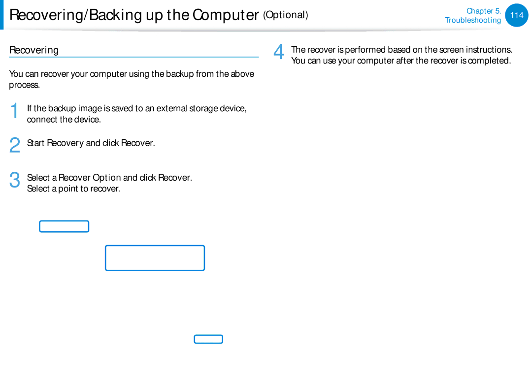 Samsung 700Z5C manual Recovering, Start Recovery and click Recover, Select a Recover Option and click Recover 