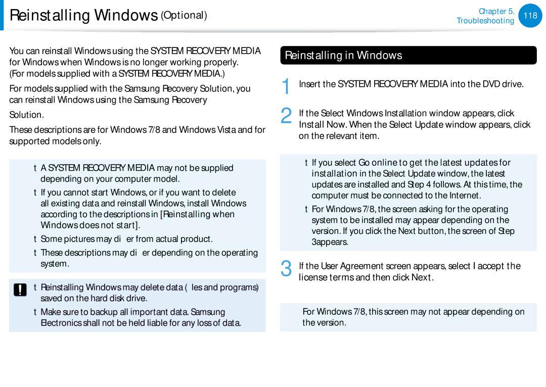 Samsung 700Z5C manual Reinstalling Windows Optional, Reinstalling in Windows, On the relevant item 