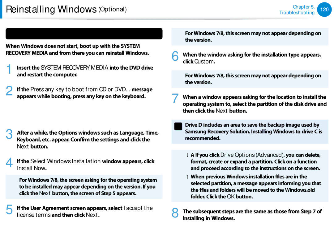 Samsung 700Z5C manual Reinstalling when Windows does not start, Install Now 