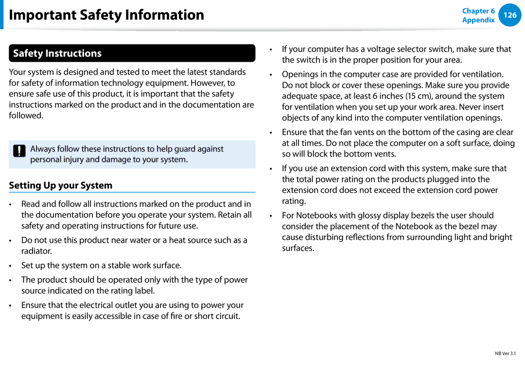 Samsung 700Z5C manual Important Safety Information, Safety Instructions, Setting Up your System 