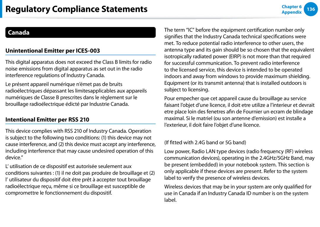 Samsung 700Z5C manual Canada, Unintentional Emitter per ICES-003, Intentional Emitter per RSS 
