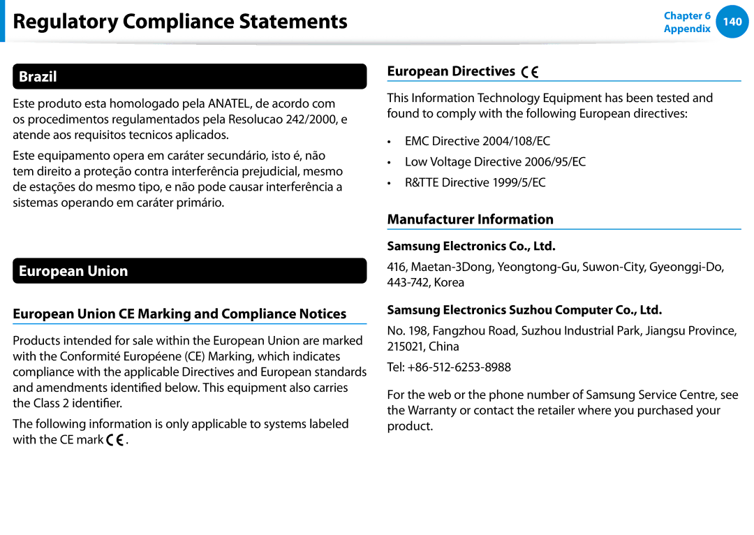 Samsung 700Z5C Brazil, European Union CE Marking and Compliance Notices, European Directives, Manufacturer Information 