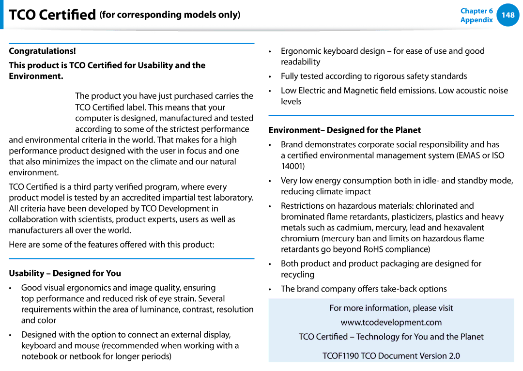 Samsung 700Z5C manual TCO Certiied for corresponding models only, Usability Designed for You 