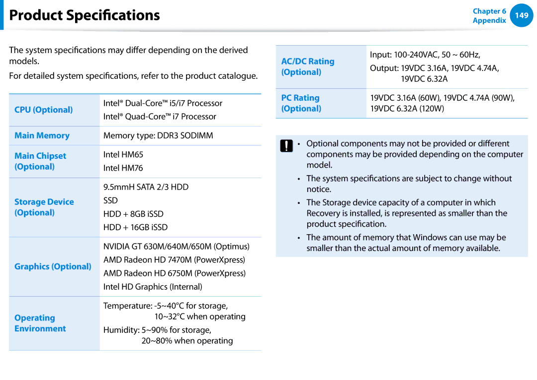 Samsung 700Z5C manual Product Speciications 